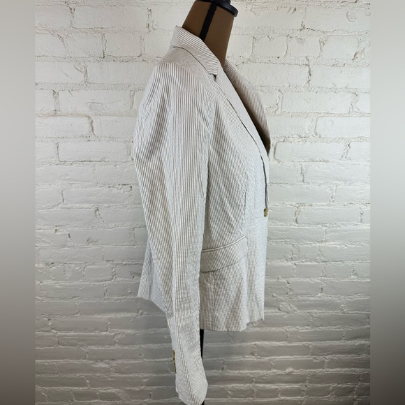 Dalia Pinstripe Seersucker Taupe Cream Stripe Single Breasted Blazer Women’s XL - Picture 5 of 8